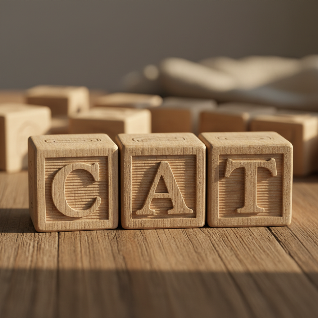 Close up photo of wooden alphabet blocks arranged to spell CAT on a wooden table, warm sunlight, shallow depth of field, educational toy aesthetic