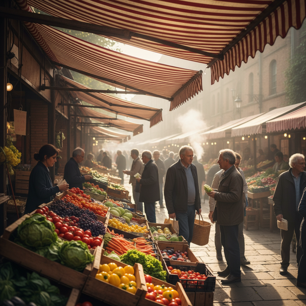 A cinematic wide shot of a bustling morning farmers market, sunlight filtering through striped awnings, wooden crates filled with colorful fresh produce, soft focus background, photorealistic, 4k