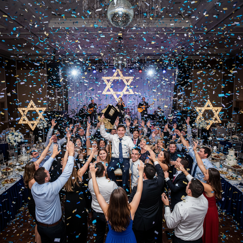 Big Bar Mitzvah party celebration, confetti everywhere, happy atmosphere