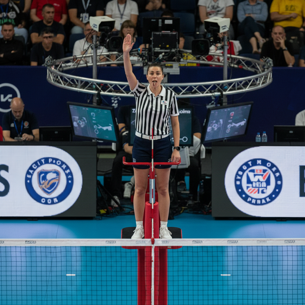 Volleyball referee on a stand making a hand signal, professional sports setting, focused expression, technological equipment in background