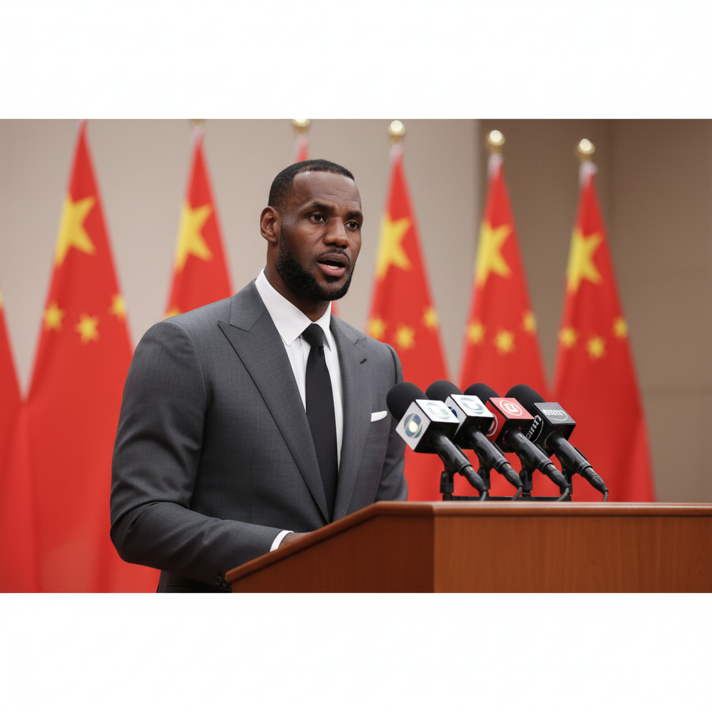 LeBron James speaking at a press conference podium, microphones, blurred Chinese flags in the background, professional setting