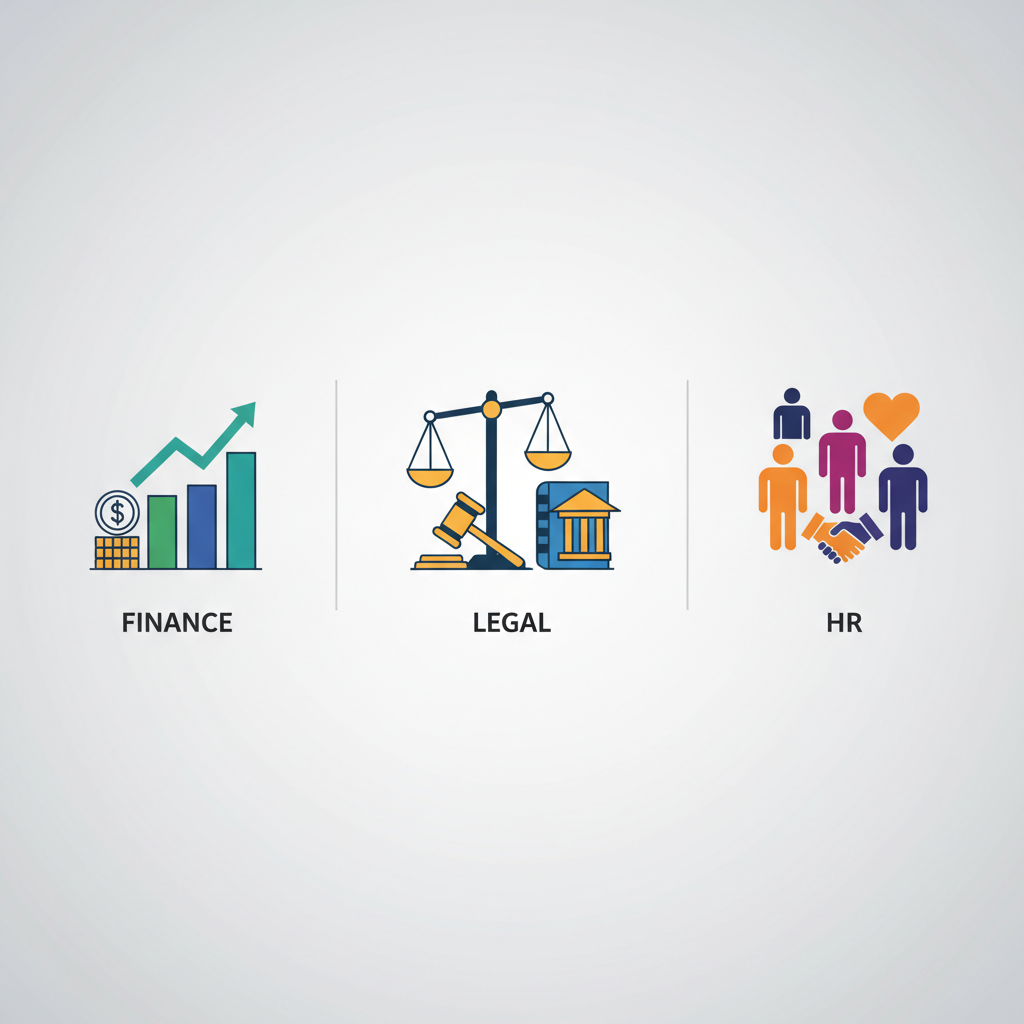 iconography illustration of corporate departments finance legal hr, clean flat style