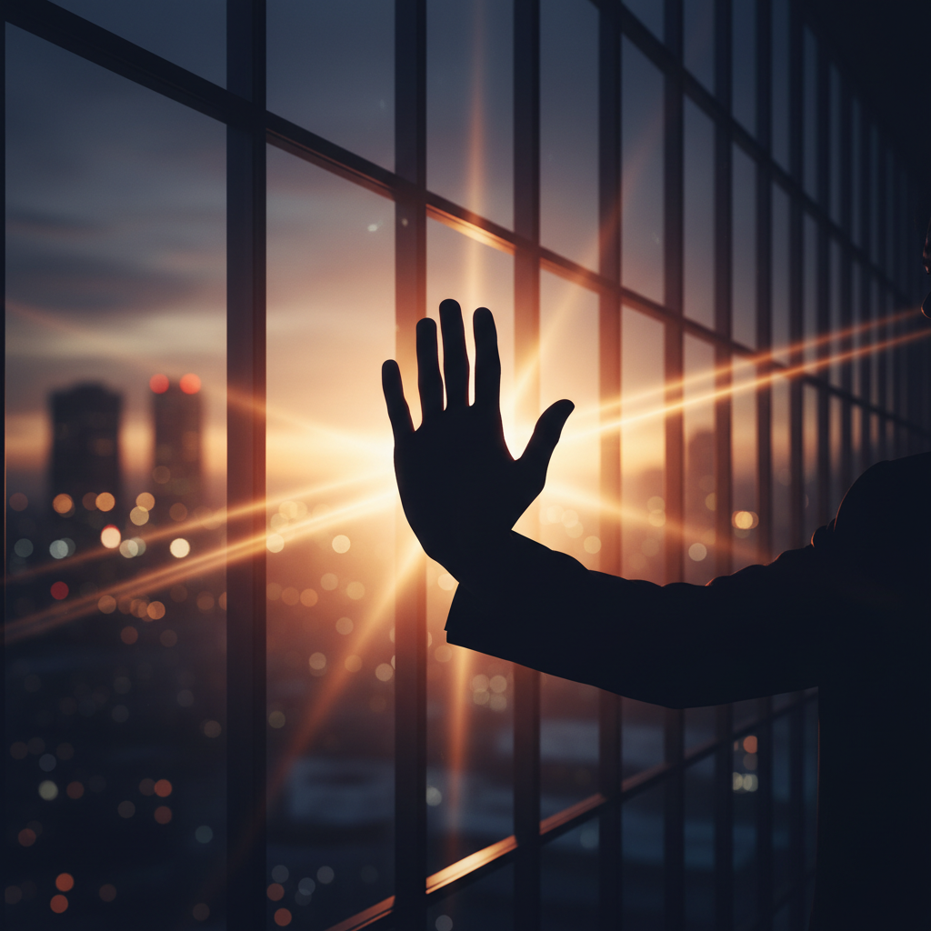 A hand making a stop gesture, silhouetted against a professional business glass wall, cinematic lighting