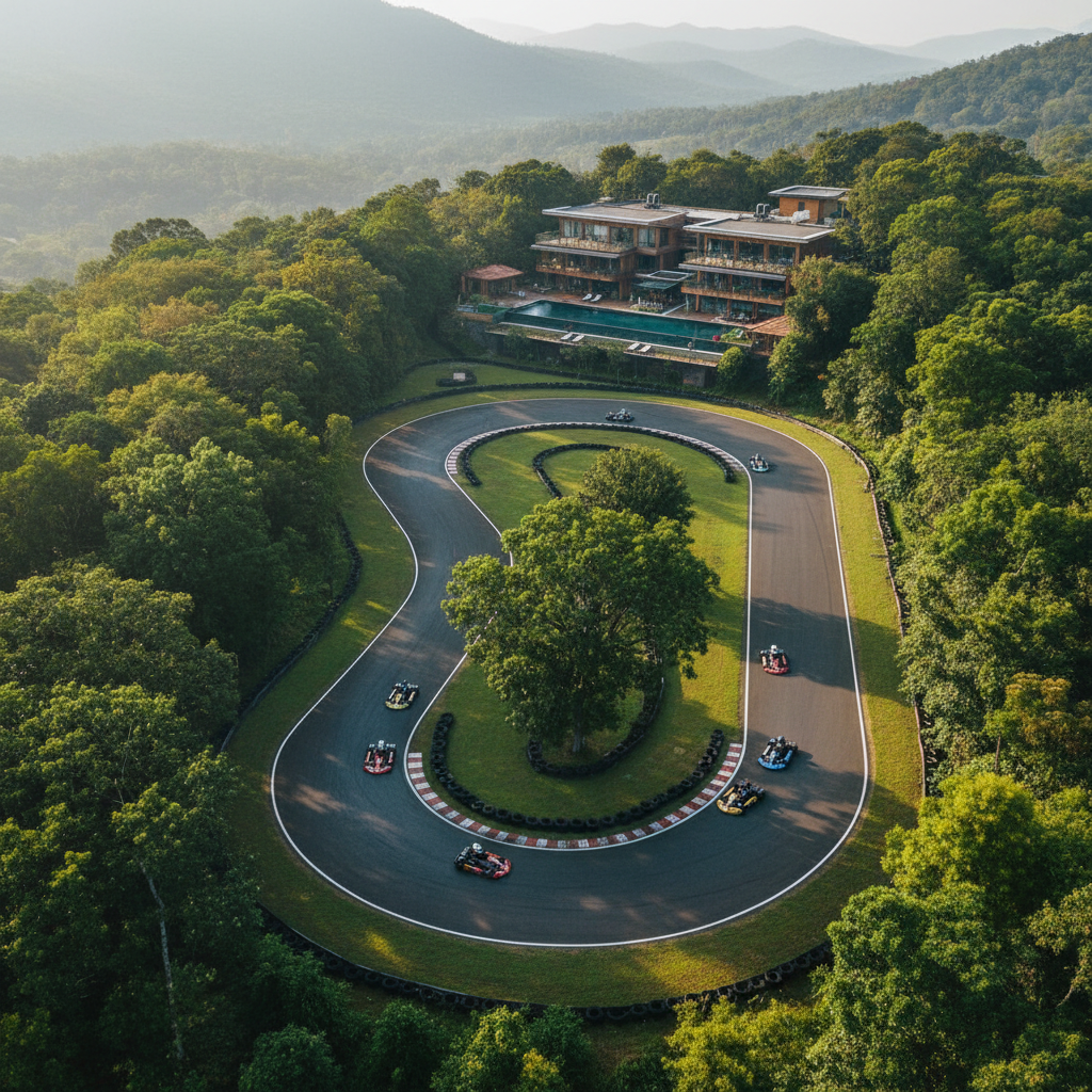 Bird's eye view of a professional asphalt go-kart track nestled in a lush green forest with tall trees, a luxury adventure hotel visible in the background, Western Ghats India landscape, 6 high-performance karts on the track, sunny day, resort atmosphere, photorealistic, 8k