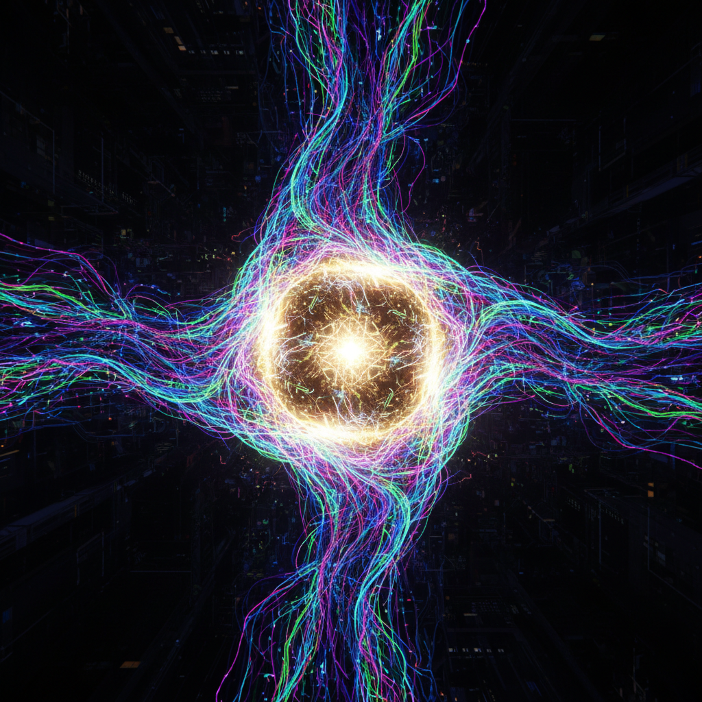 Abstract representation of massive data flow, millions of neon threads connecting to a central glowing core, cyberpunk aesthetic, dark background, high contrast