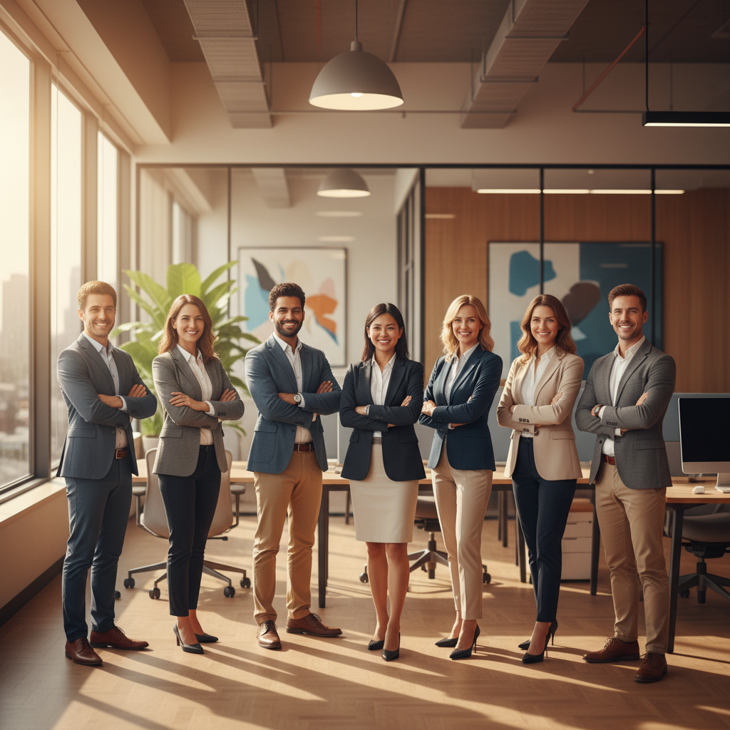 diverse group of happy professionals standing confidently in a warm, modern office environment, sunny lighting