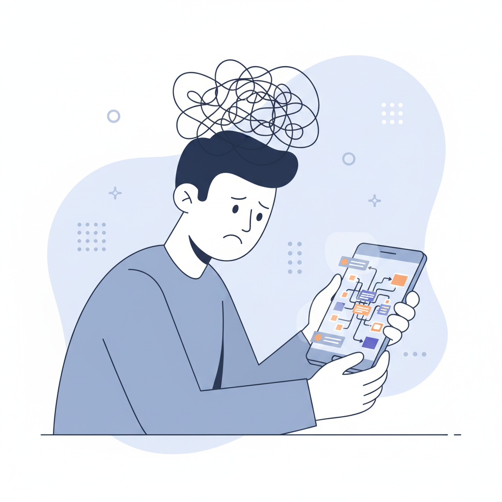 frustrated user looking at a complex mobile app menu structure, minimal vector illustration style