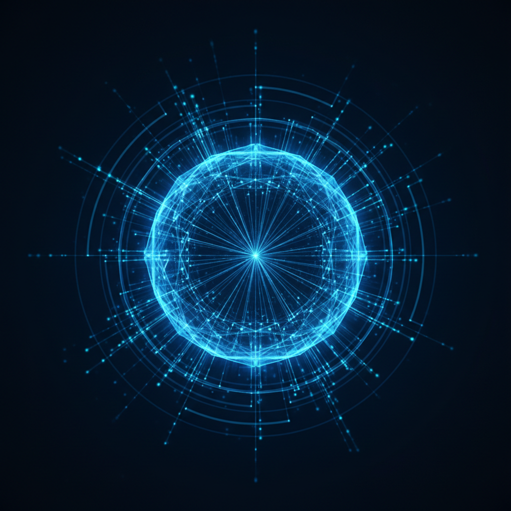 Abstract representation of a sphere with radial lines and angular segments, scientific visualization style, dark blue background