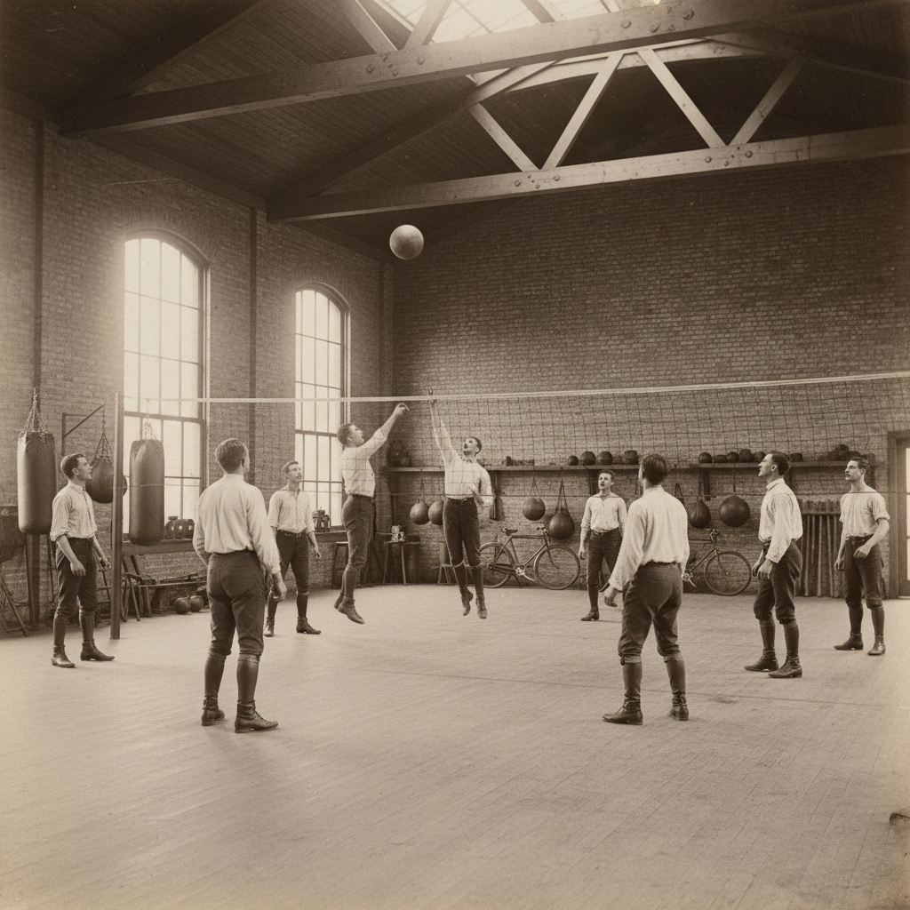 Vintage 1895 gymnasium scene, sepia tone, men playing volleyball with a leather ball over a tennis net, old sports equipment