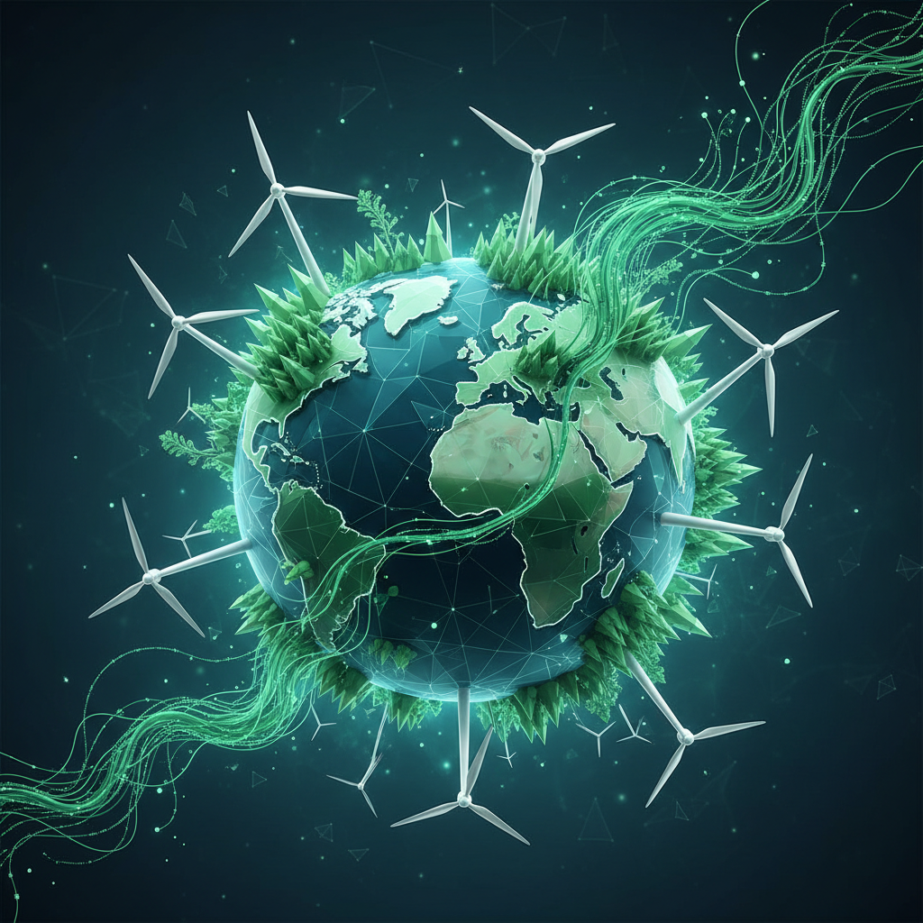 A futuristic digital earth concept where glowing green data streams merge with lush forests and wind turbines, symbolizing the fusion of technology and nature, minimalist style