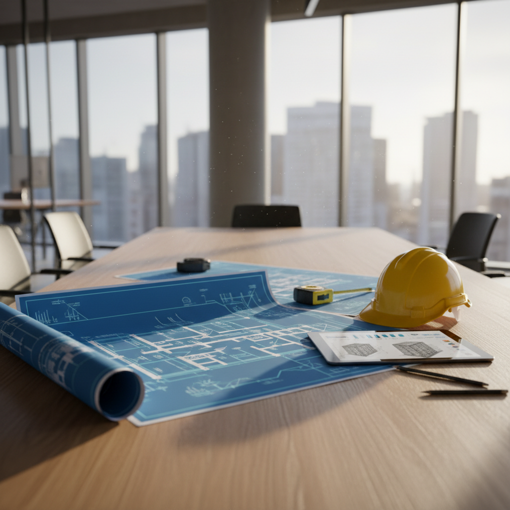 Architectural blueprints rolled out on a modern wooden meeting table with a hard hat and tablet, depth of field, professional construction management atmosphere, photorealistic, cinematic lighting