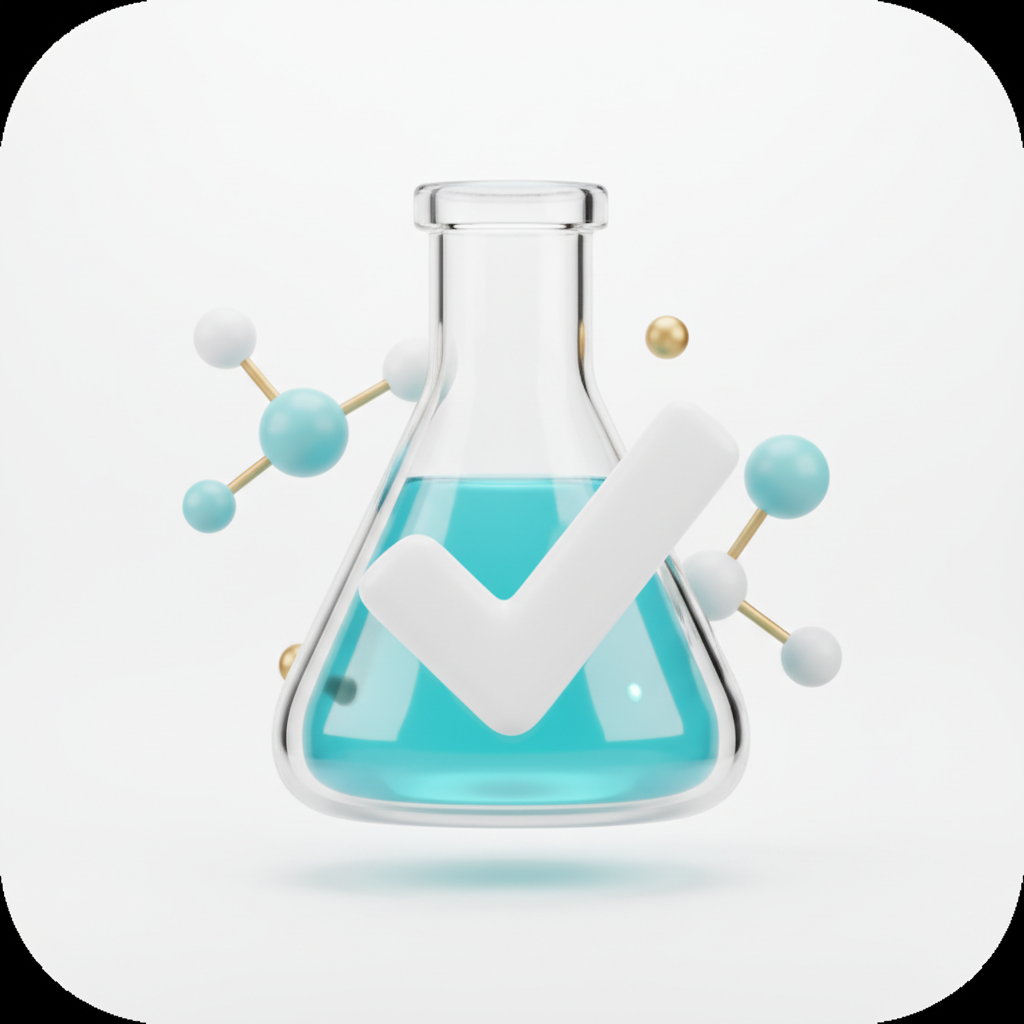 3D icon of a flask with a checkmark and a molecule structure floating, clean background.