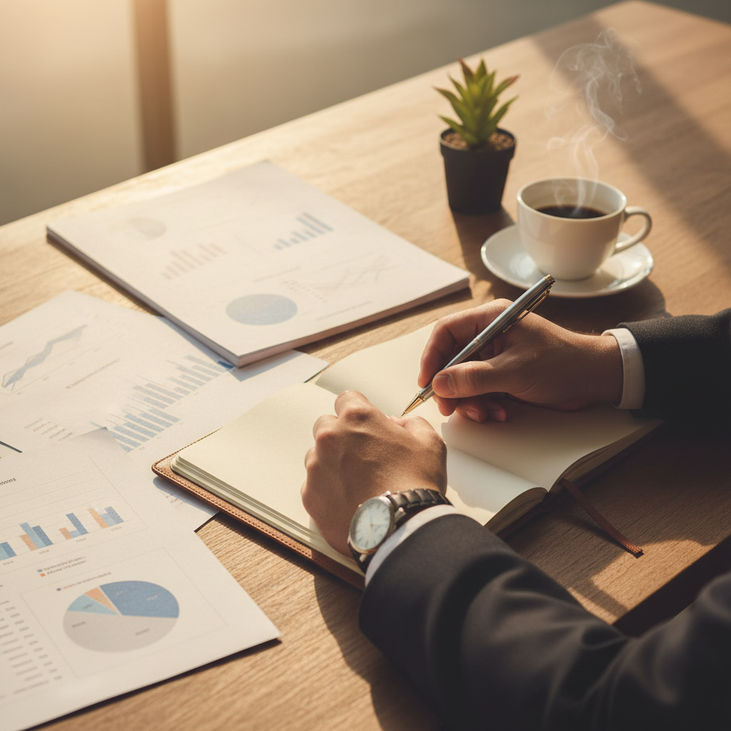 Close up top-down photography of a professional studying business journals and taking notes with a high-end pen, wooden desk, cup of coffee, warm lighting, very detailed, photorealistic 4k photography