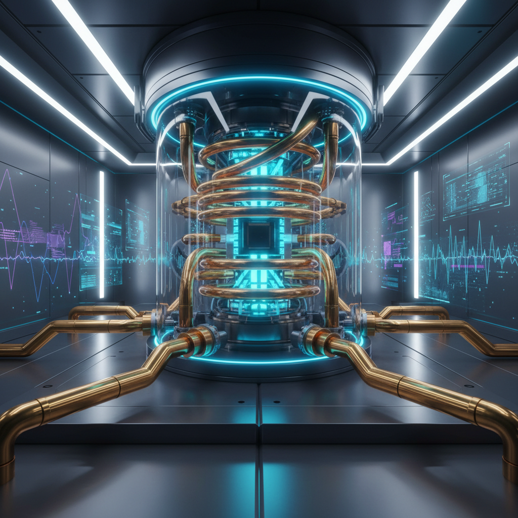 Futuristic quantum computer core with golden cooling pipes and glowing blue cryostat cylinder, high tech laboratory setting, photorealistic