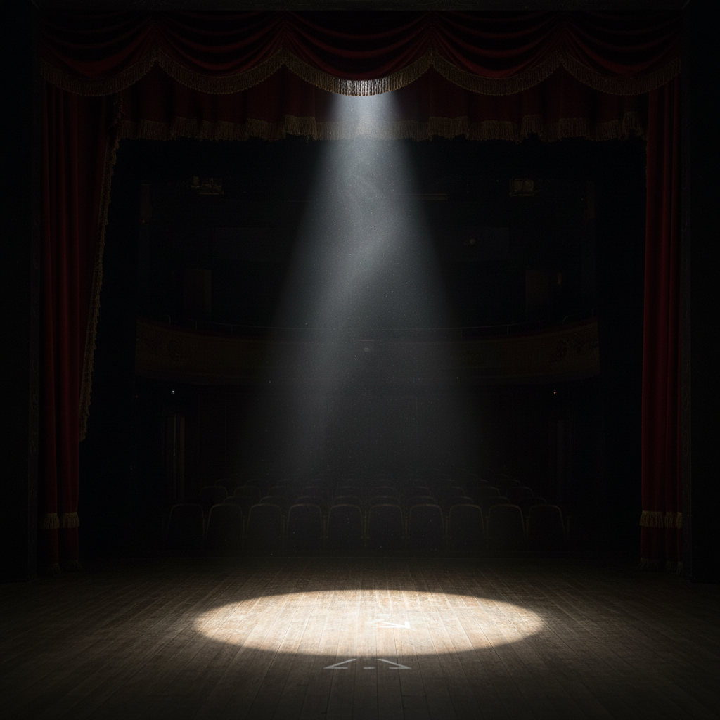 Empty theatre stage illuminated by a single spotlight, dusty air, atmosphere of anticipation and silence, high contrast, dramatic