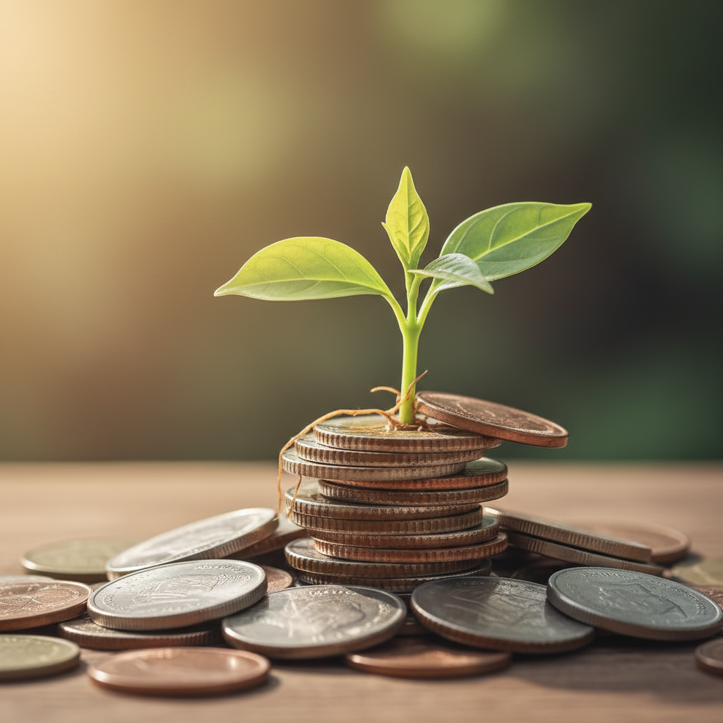 Green sprout growing of coins, symbolizing sustainable finance and growth, soft focus, high quality photo
