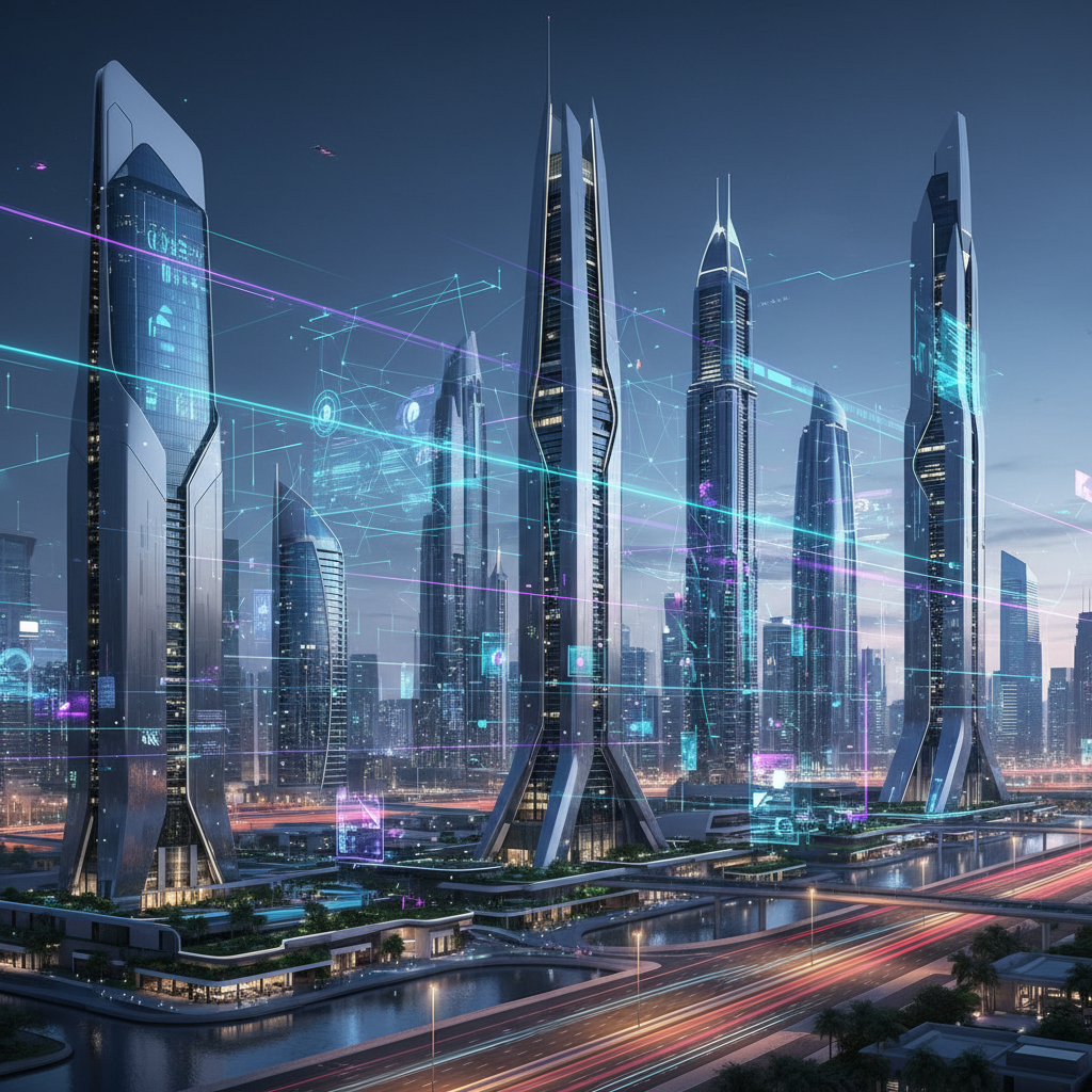 Futuristic Dubai skyline with digital network nodes connecting buildings, cyan and purple lighting, representing smart city technology