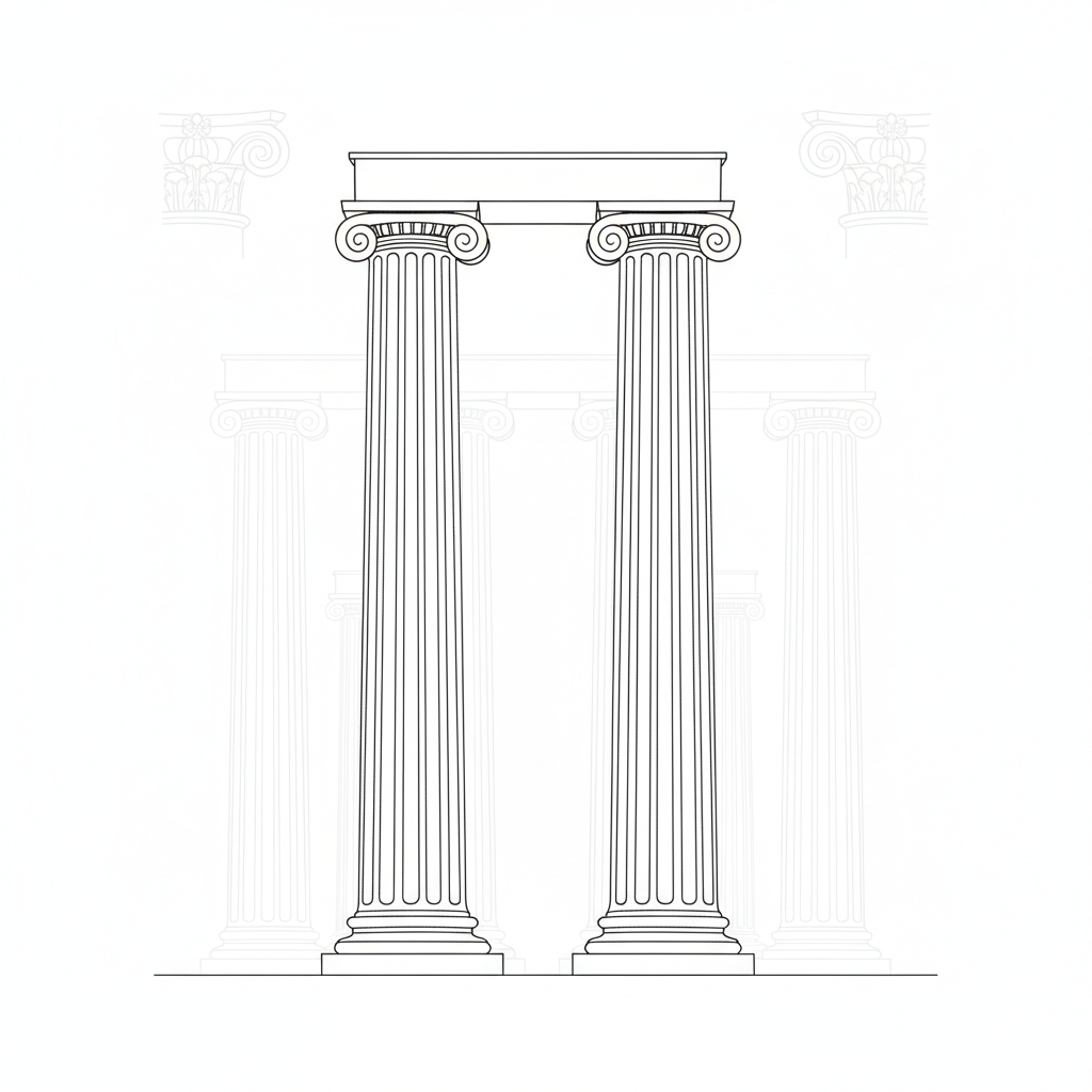 Architectural sketch style columns or pillars, clean lines, black on white background, minimal