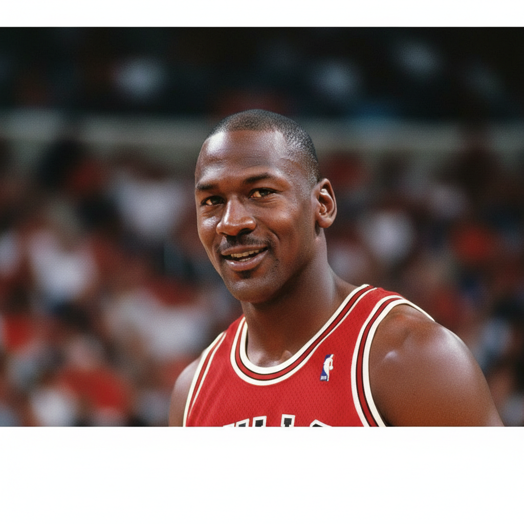 Michael Jordan headshot, 90s style, Chicago Bulls jersey, smiling knowingly