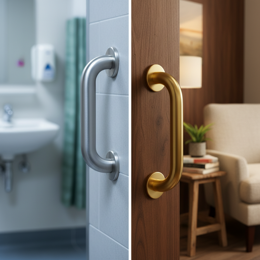 A close up photo of a sterile hospital grab bar looking cold and clinical versus a warm, stylish home interior, split composition, metaphor for stigma