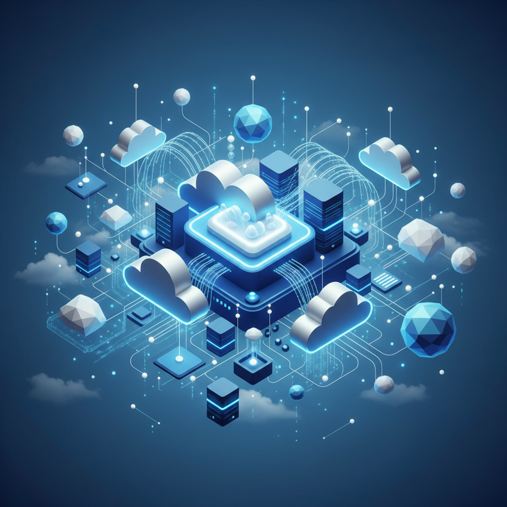 Abstract 3D illustration of cloud computing network nodes connected, blue and white color scheme