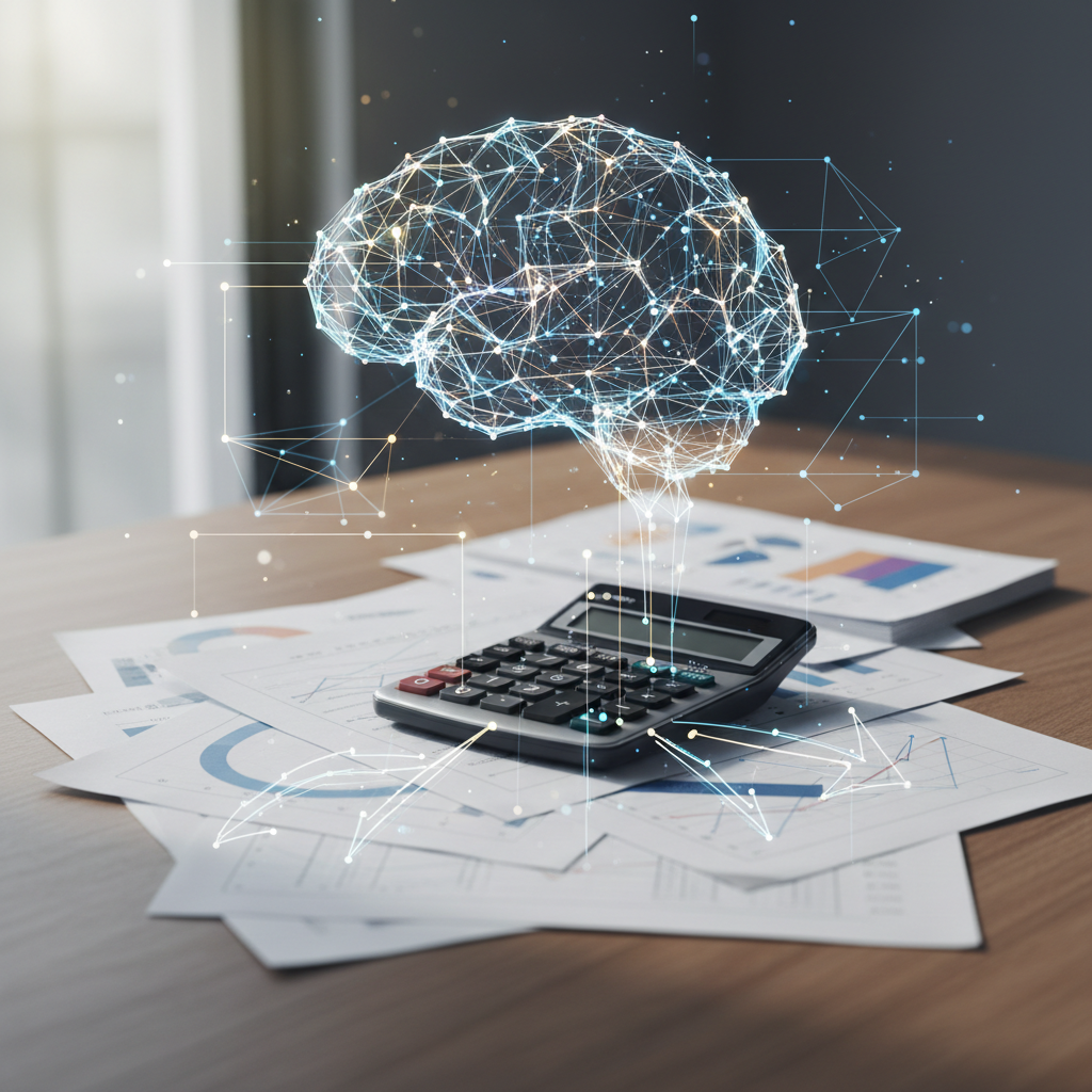 Abstract representation of data analysis, papers and calculator on a desk, soft lighting, professional, photorealistic
