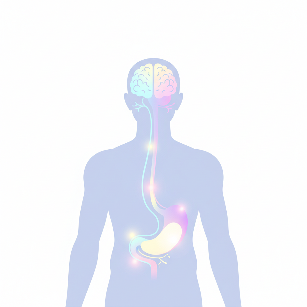 Friendly, modern medical illustration showing a human silhouette with glowing connections between the brain and the stomach, soft pastel colors, educational style, white background