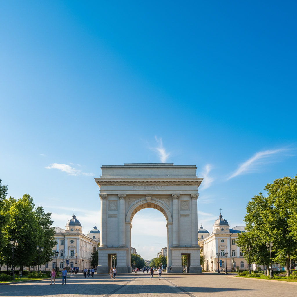 The Triumphal Arch in Chisinau on a sunny day with blue sky, photorealistic