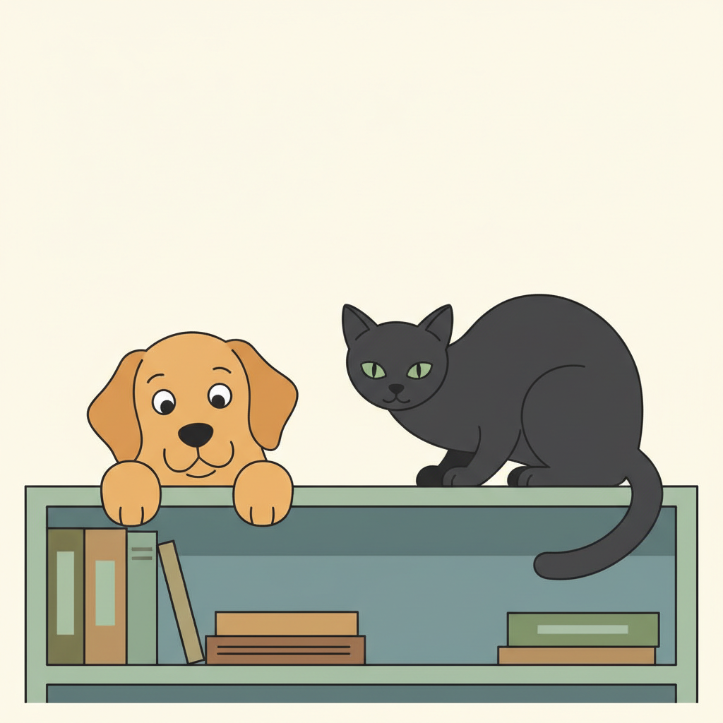 An educational illustration showing a dog looking curious and a cat looking cautious on a bookshelf, minimalist style, muted colors