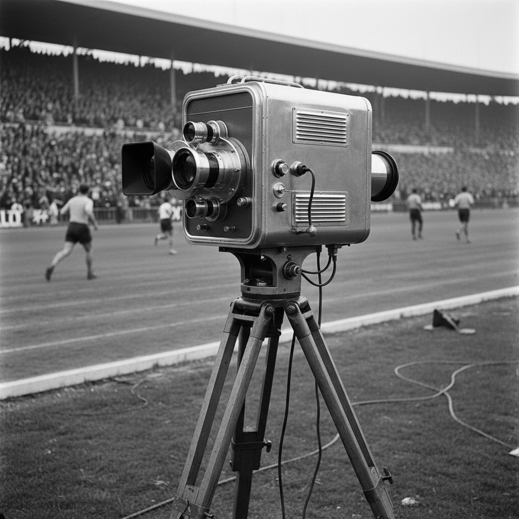 Vintage 1936 massive television camera on tripod filming a sports event, black and white retro style, detailed mechanics