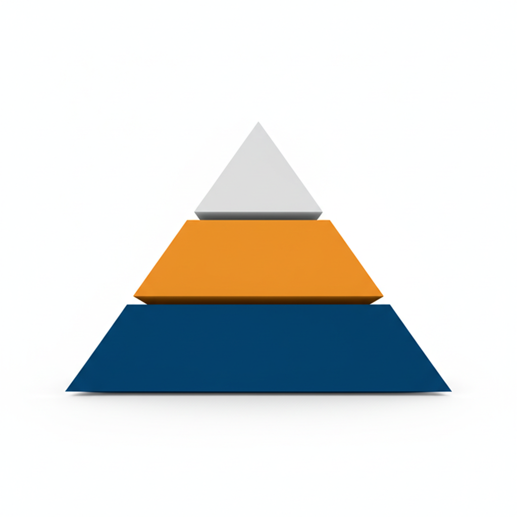 3D Pyramid diagram with three distinct layers: dark blue base, orange middle, light grey top. Clean corporate graphic.