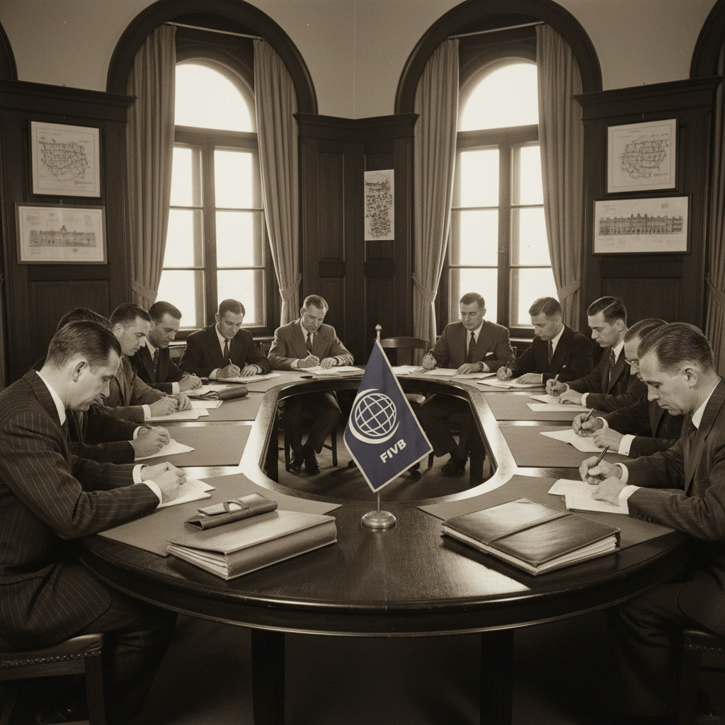 Flag of FIVB or a retro style meeting room with delegates signing documents, 1940s style, official atmosphere