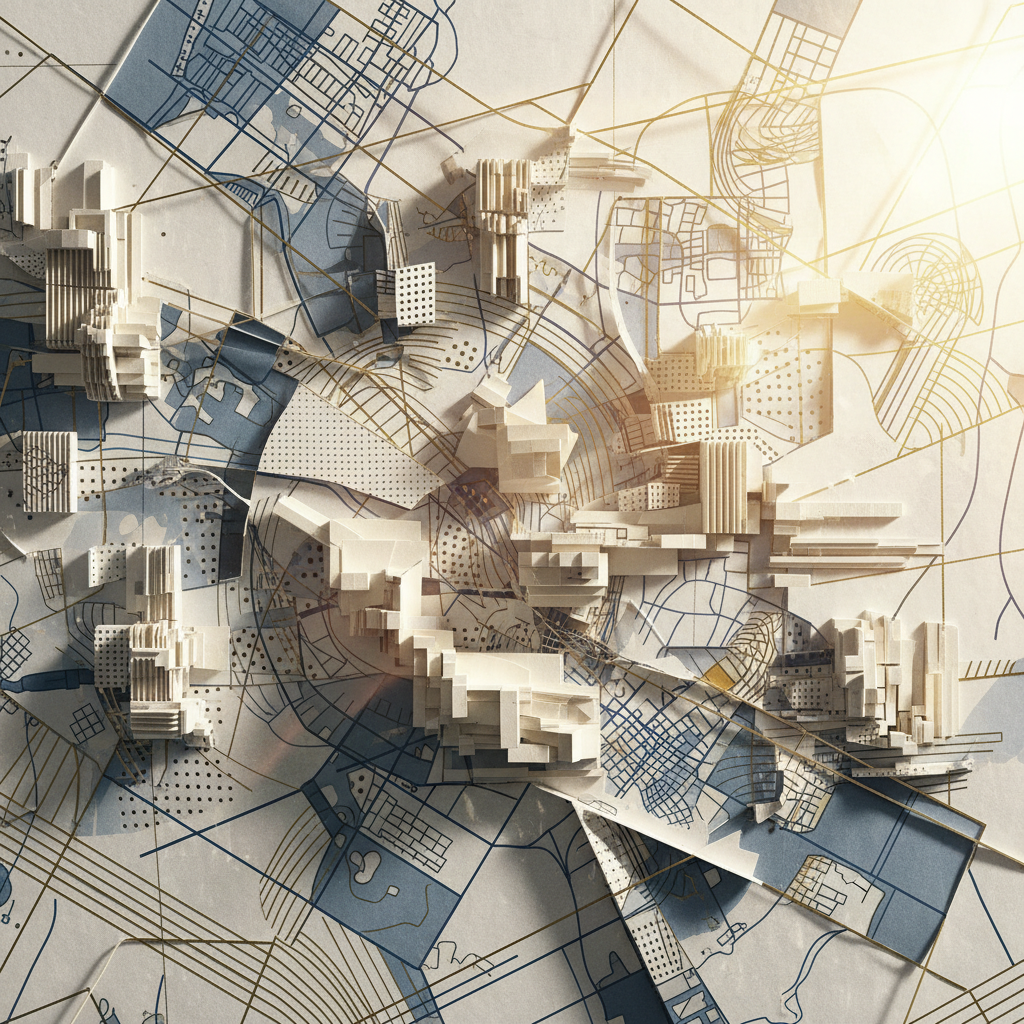 artistic architectural collage combining map lines, paper model textures and sunlight, abstract finale