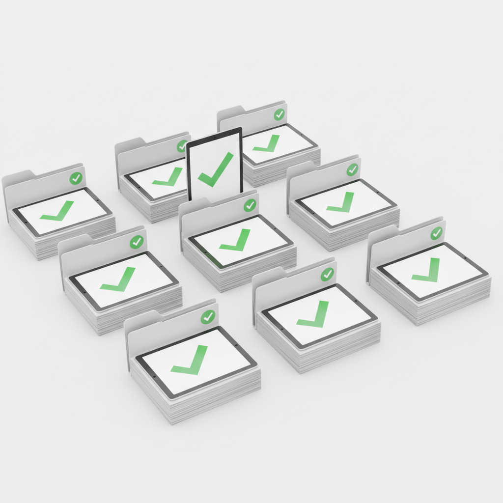 Neat stacks of folders and digital tablets displaying checkmarks, white background, minimalist corporate style
