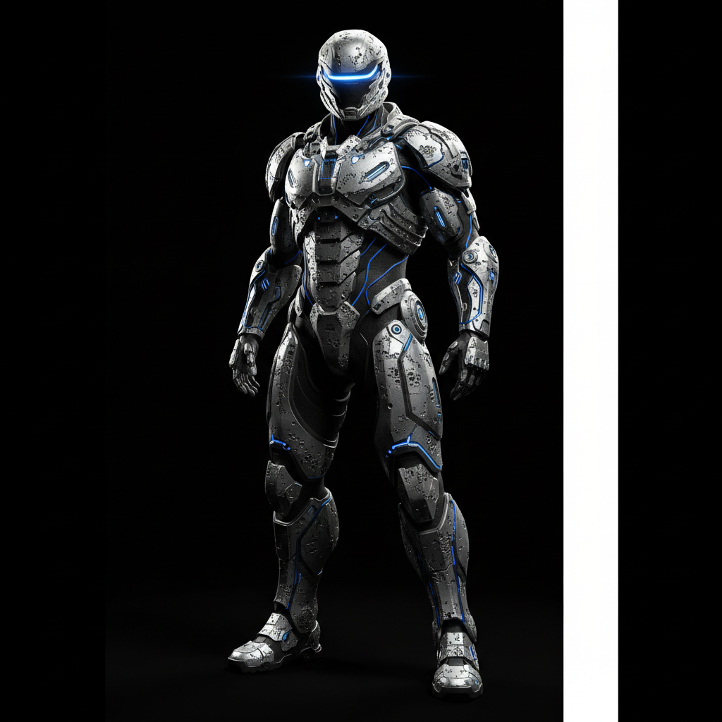 Sleek silver and black nanomite plating formed into a futuristic tactical armor suit with a glowing blue visor, high tech, highly detailed mechanical texture, studio lighting on black background