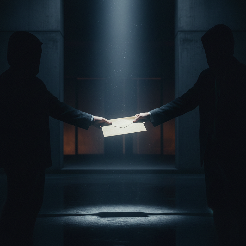 Conceptual image of corruption, shadowy figure passing an envelope, dramatic lighting, serious atmosphere, photorealistic