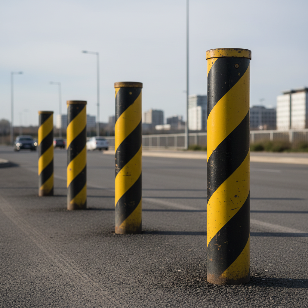 Heavy duty metal retractable bollards installed on a road, safety yellow and black stripes, photorealistic