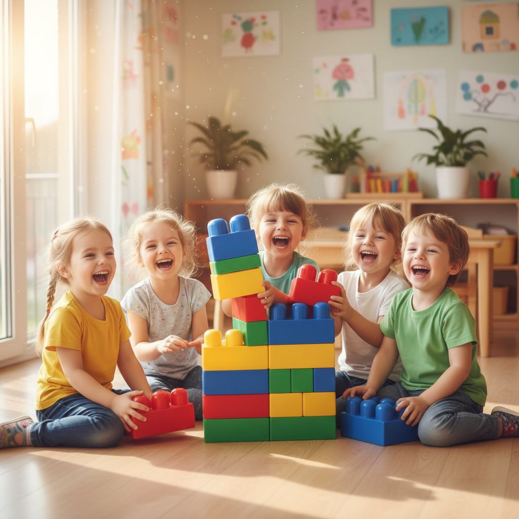 Happy kindergarten kids playing with large plastic blocks on the floor, laughing, sunny room