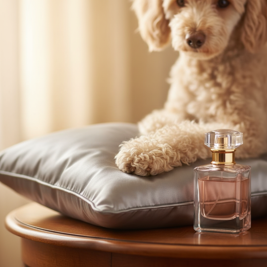 Close up of a fluffy beige poodle paw resting on a silk pillow, next to a luxury perfume bottle, soft focus, morning light, high fashion aesthetic