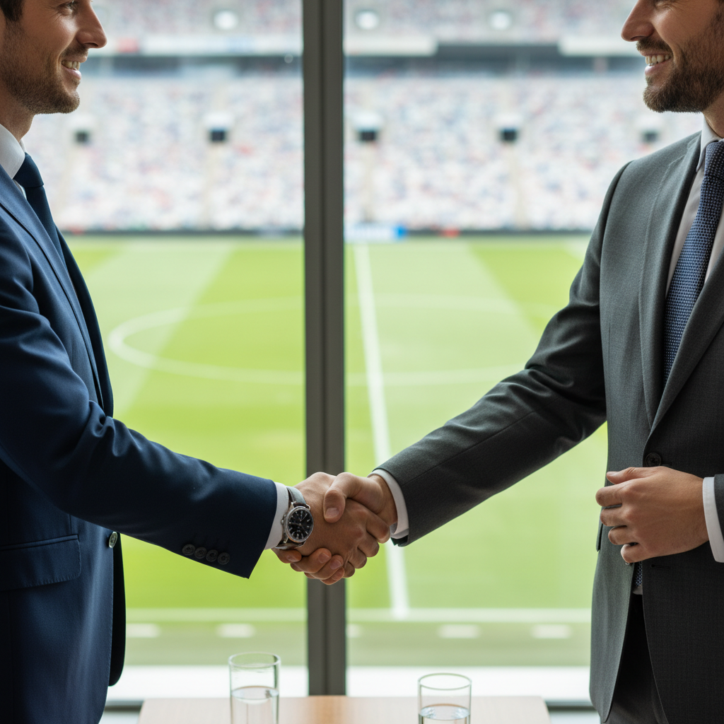 A close up of two business men shaking hands in a luxury stadium suite, blurred background of a sports field, high quality photography