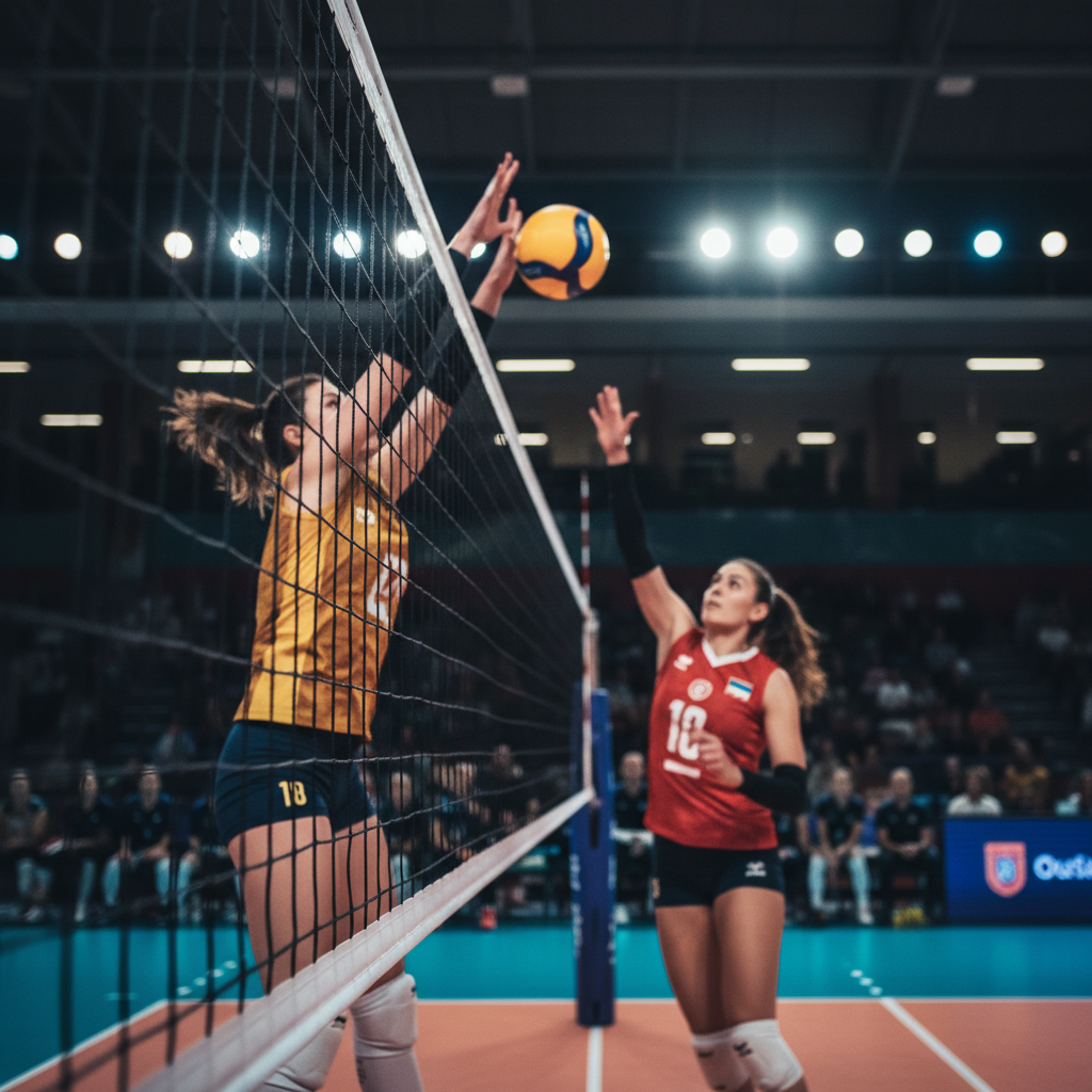 Cinematic shot of a professional volleyball match, reduced depth of field looking through the net mesh, stadium lights in background, high contrast, photorealistic