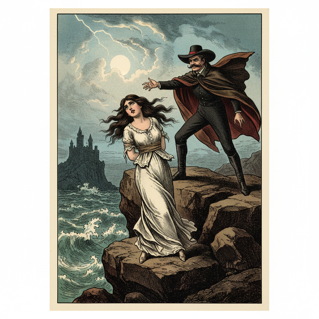 Vintage 19th century melodrama theatre poster, dramatic illustration of a heroine in distress and a villain in a cape, bold typography