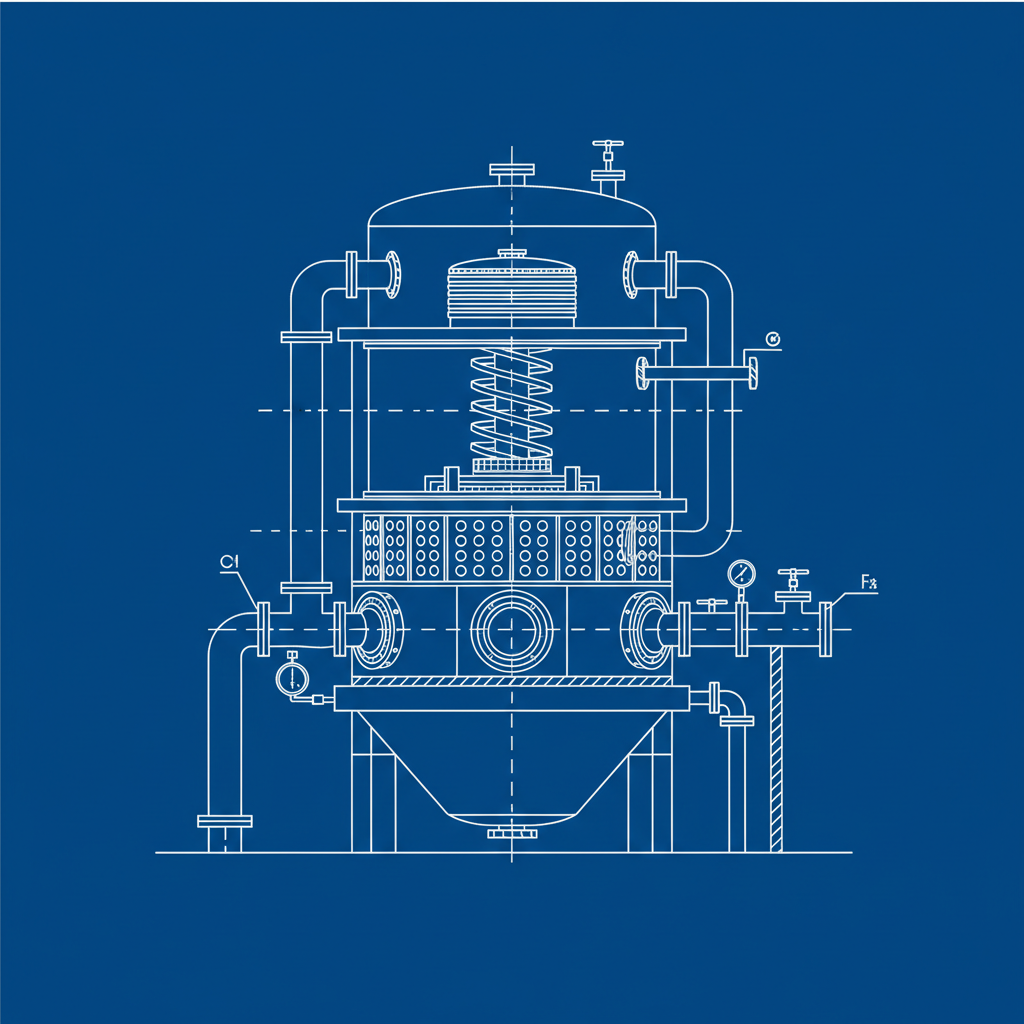 Blueprint schematic of a large industrial chemical reactor tank, technical drawing style, white lines on blue background