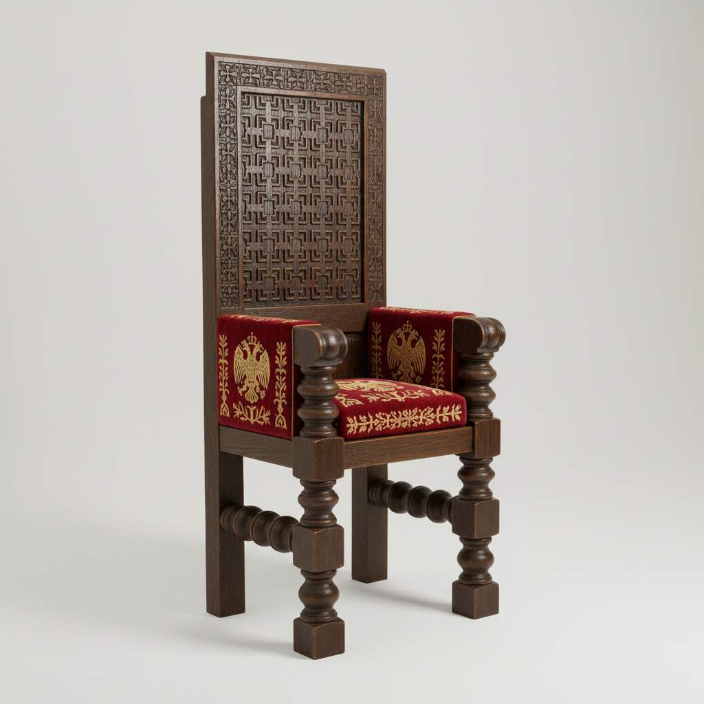 Reconstruction of a rigid Byzantine wooden throne, high straight back, architectural turnings on legs, red velvet cushion, isolated on simple background, museum quality
