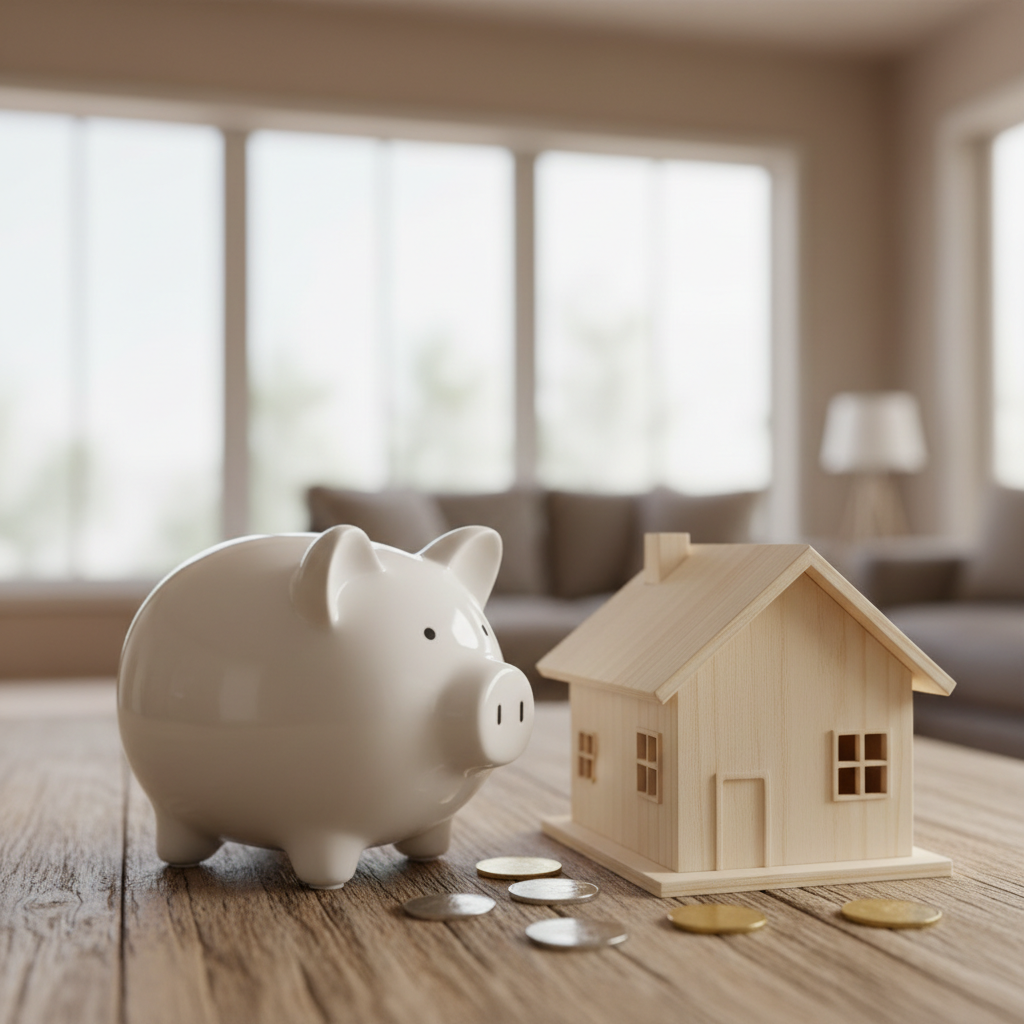 Photorealistic close-up of a white ceramic piggy bank next to a small architectural house model on a wooden table, soft focus background, financial savings concept, 8k