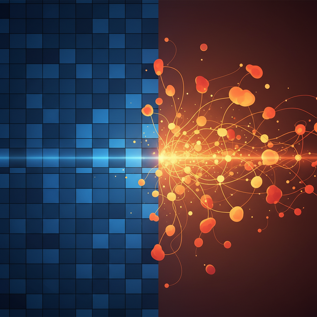 split screen illustration, left side structured orderly spreadsheet grid blocks, right side flexible chaotic network nodes floating, blue and orange contrast