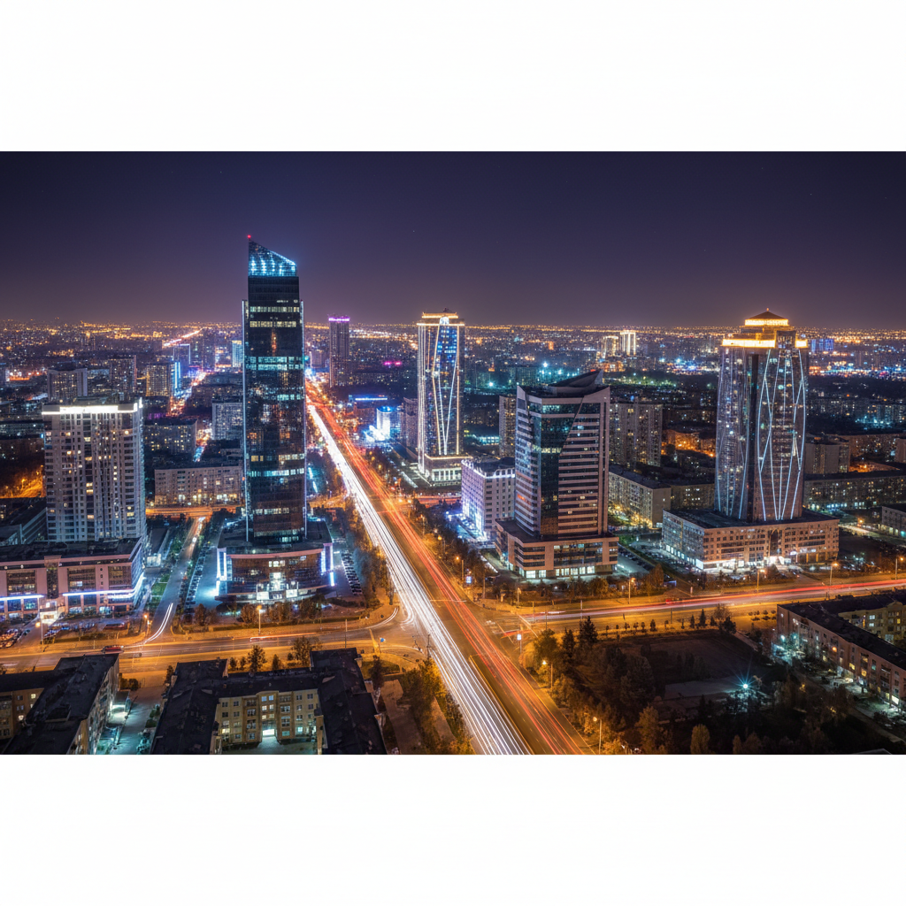 Night city view of Chilonzor district Tashkent, street lights, car trails, modern buildings, wide perspective, 8k resolution