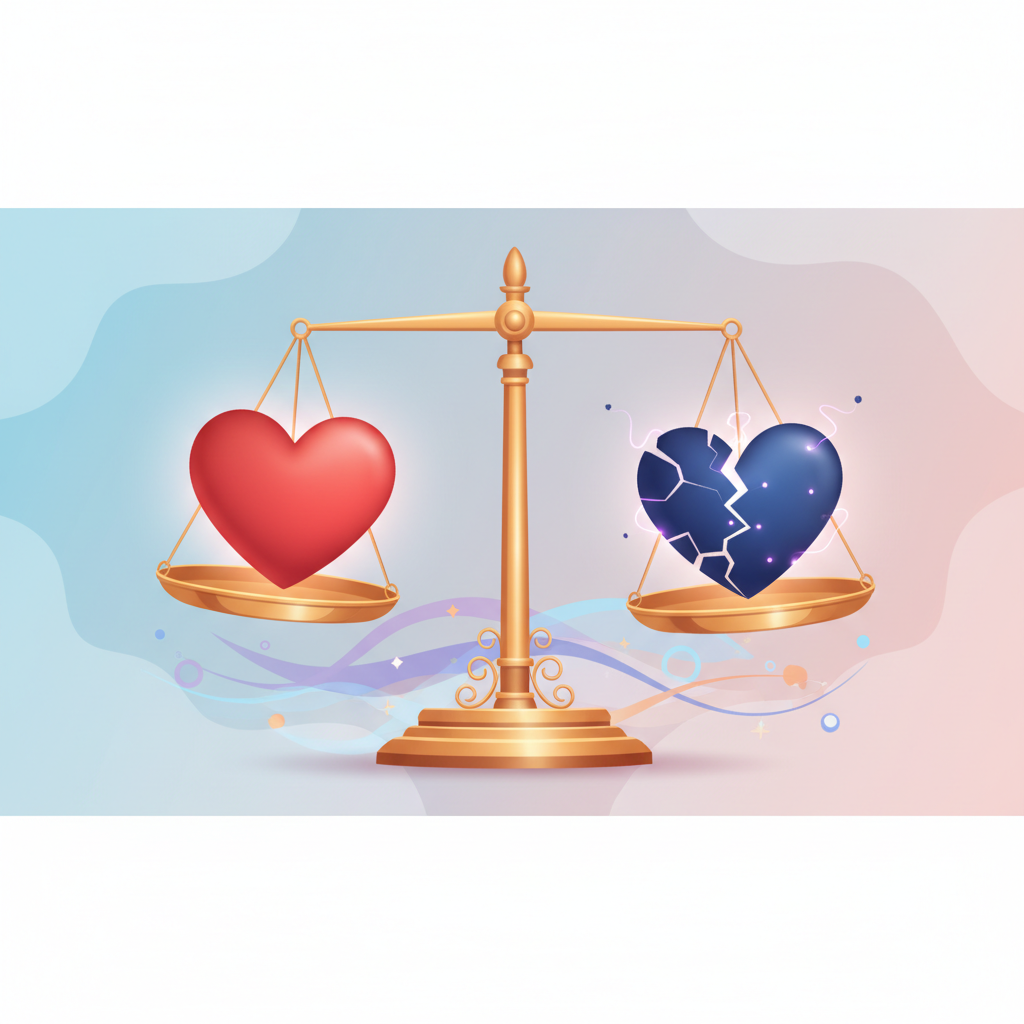 An illustration of a balance scale with a heart on one side and a broken heart on the other, representing likes and dislikes
