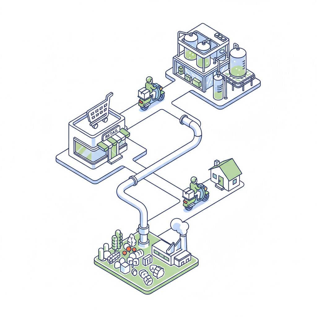 schematic style illustration of a supply chain: market source to cleaning facility to retail store to home delivery scooter, isometric 3d style