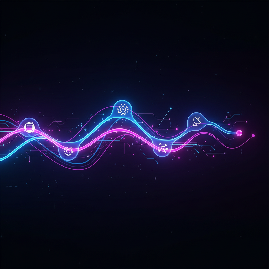 Abstract neon timeline flowing from left to right, dark background with connecting nodes, technological evolution style, blue and purple gradients